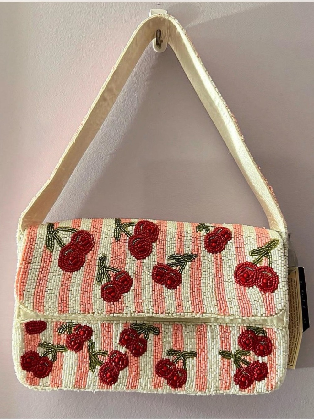 Beaded Cherry Stripe Shoulder Bag - Cream and Red